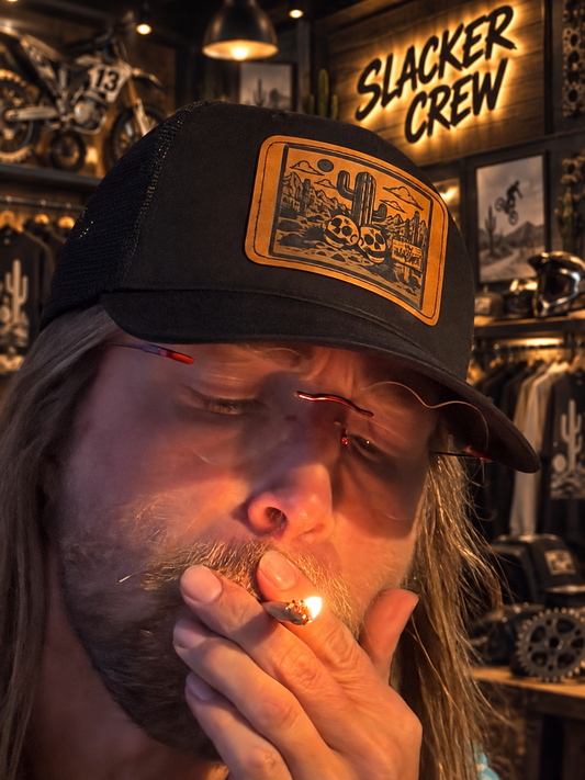 Deserted leather patch curved bill snapback