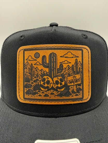 Deserted leather patch curved bill snapback